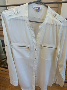 Calvin Klein Ivory Satin Blouse with Faux Gold Zip Close Pocket & Matching Butto